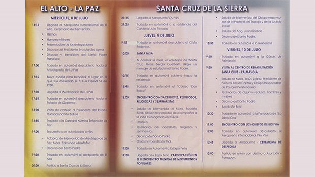 Programa Oficial de la visita del Papa Francisco a Bolivia Programa Oficial de la visita del Papa Francisco a Bolivia